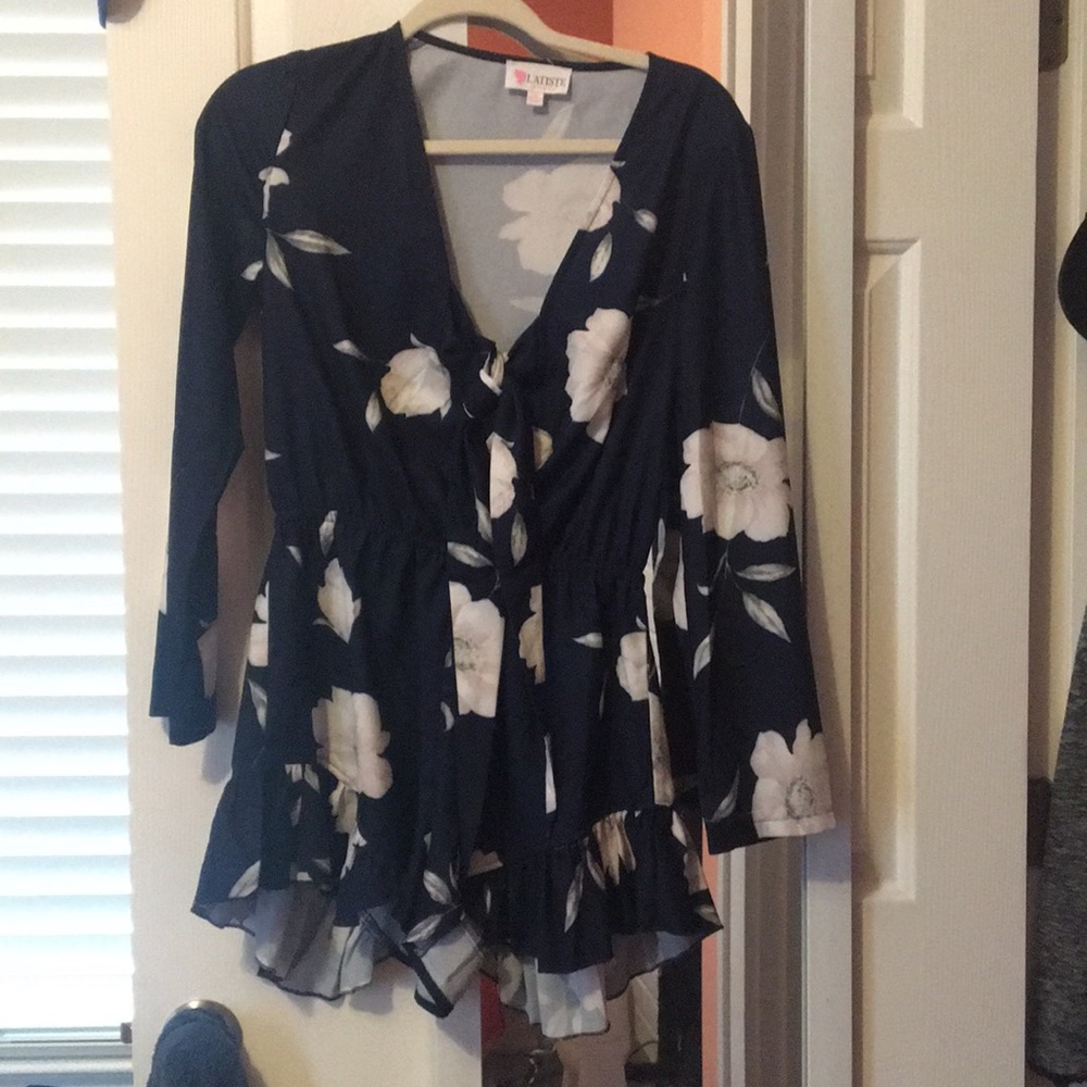 Navy floral tie front romper